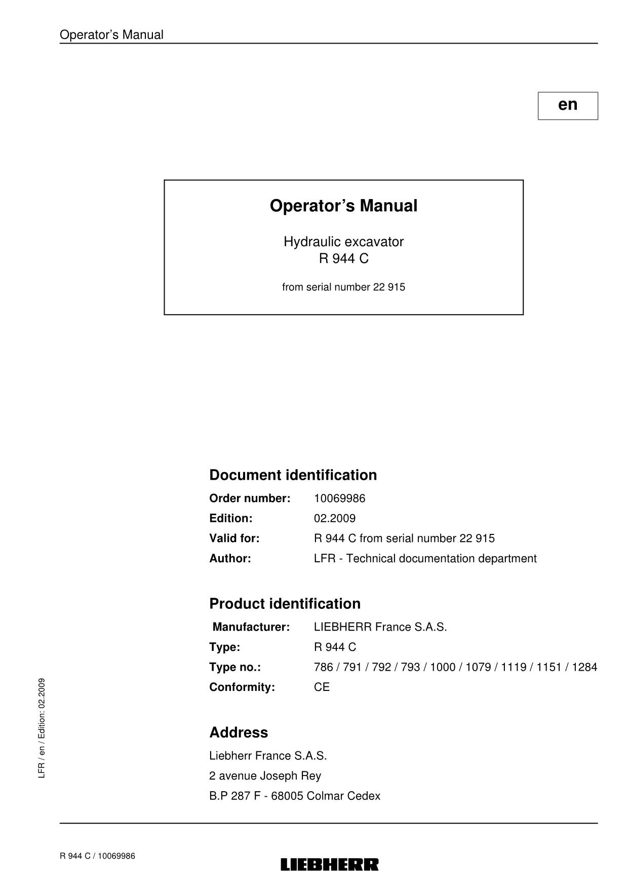 Liebherr R944 C Excavator Operators manual serial 22915