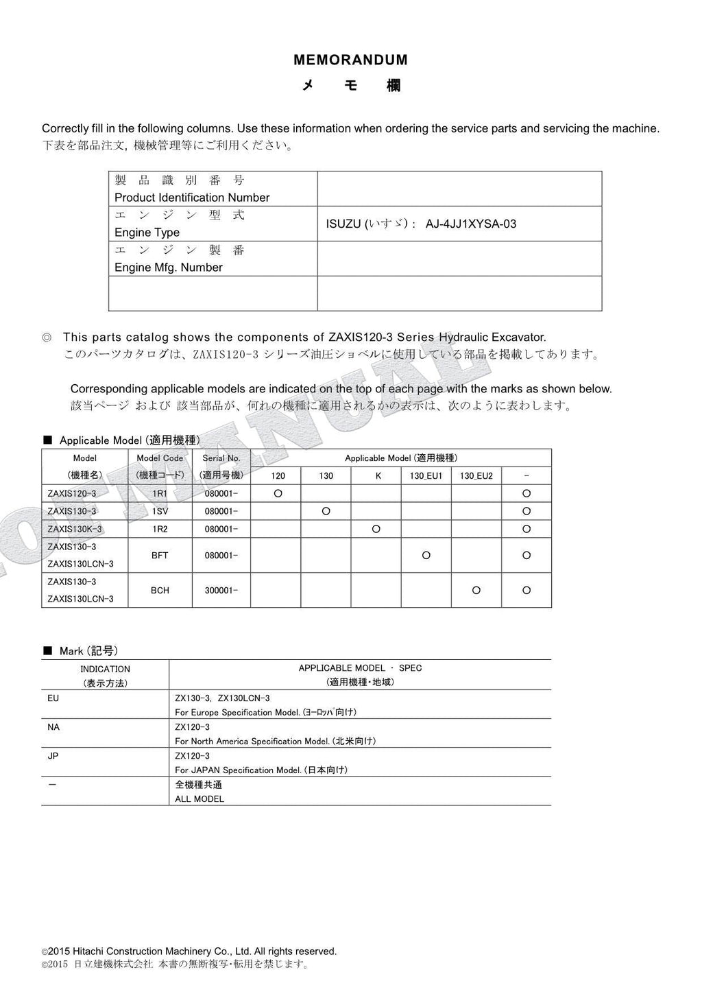 HITACHI ZX120-3 ZX130-3 ZX130K-3 ZX130LCN-3 Excavator Parts Catalog Manual