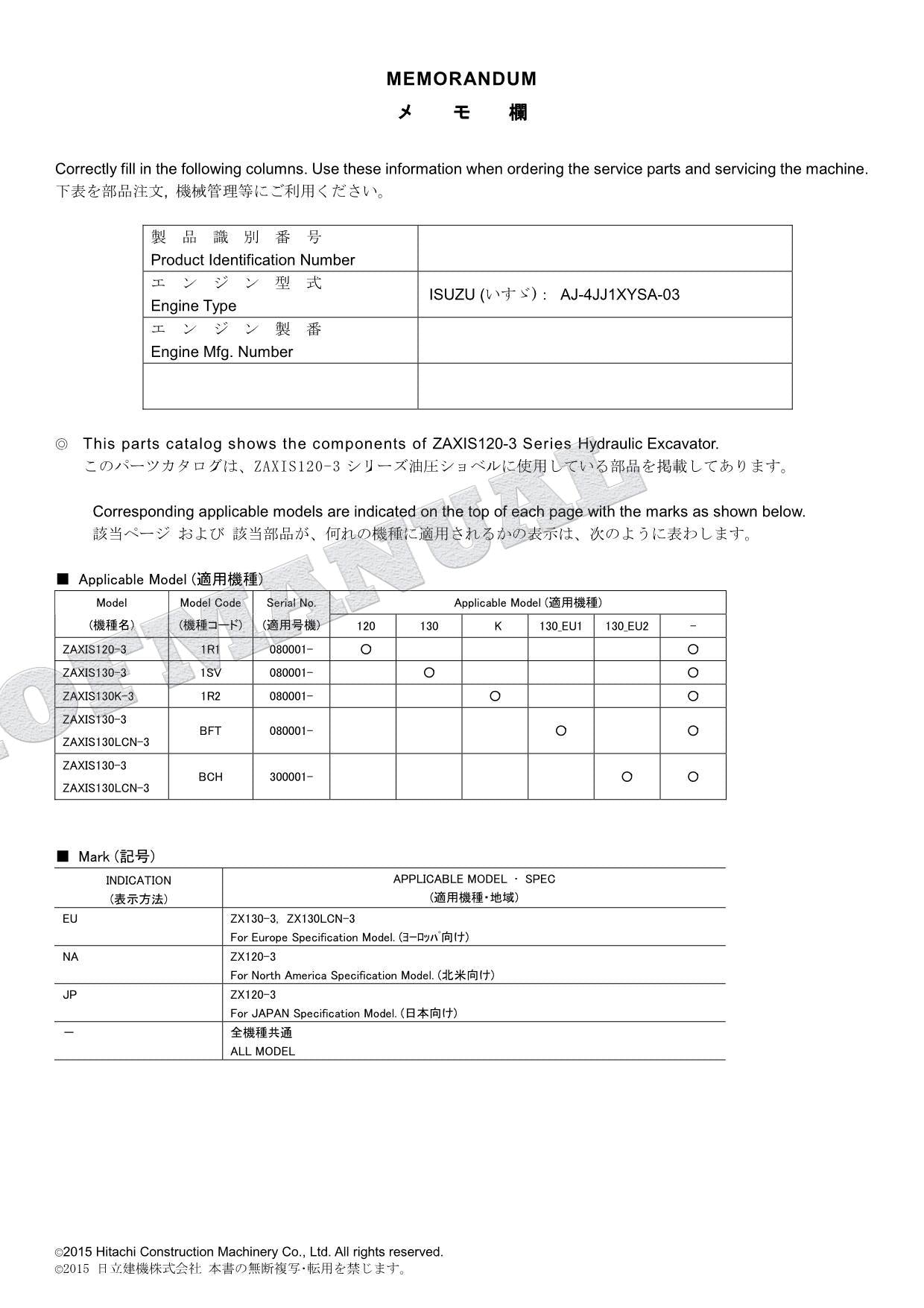 HITACHI ZX120-3 ZX130-3 ZX130K-3 ZX130LCN-3 Excavator Parts Catalog Manual