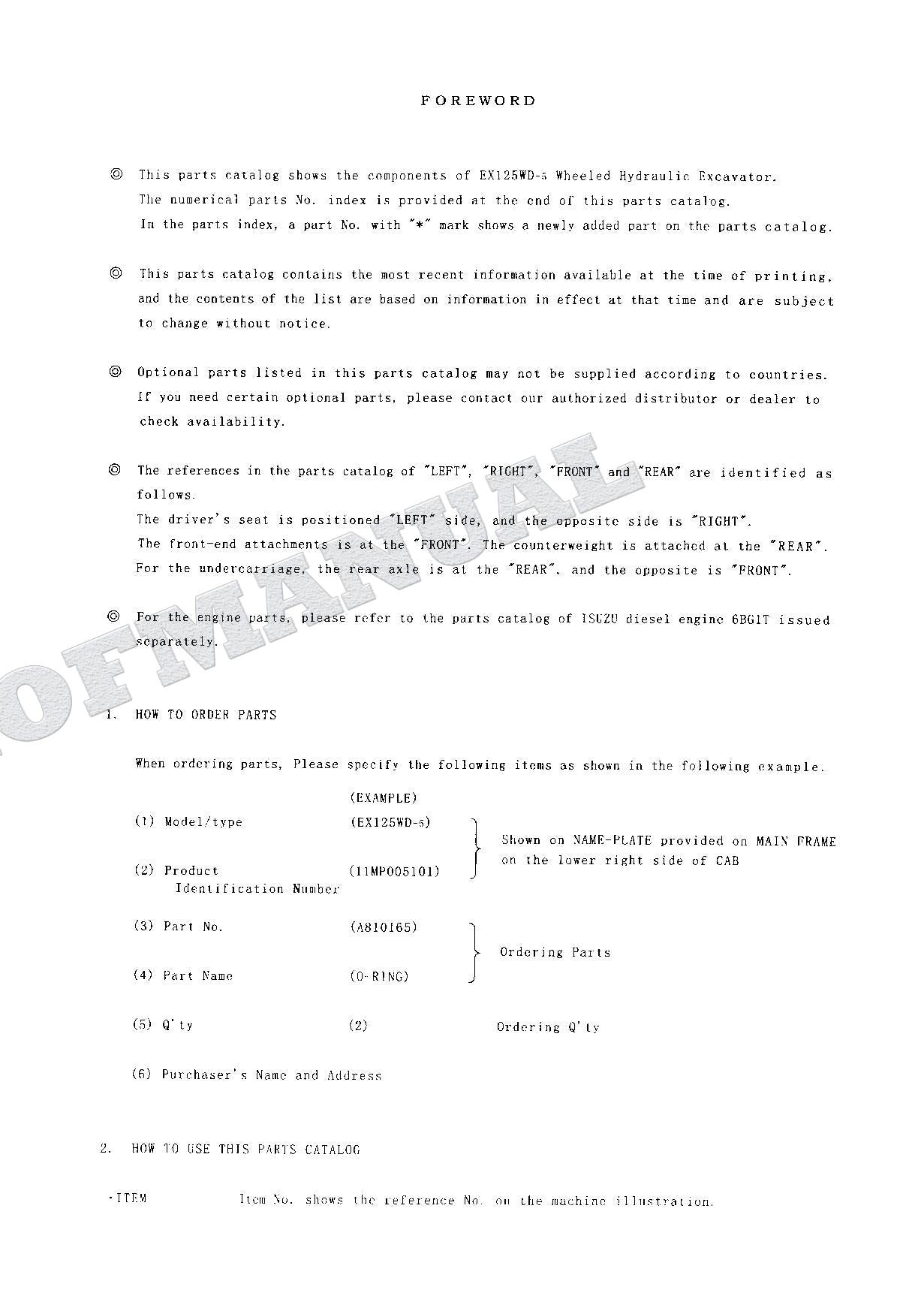 HITACHI EX125WD-5 Excavator Parts Catalog Manual SN 005101