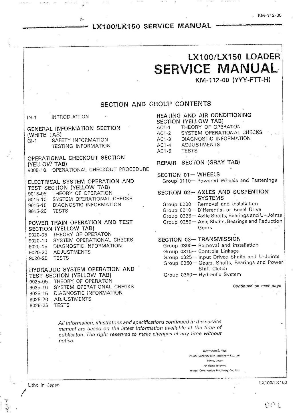 Hitachi LX100 LX150 Wheel Loader Service Manual +Schematics