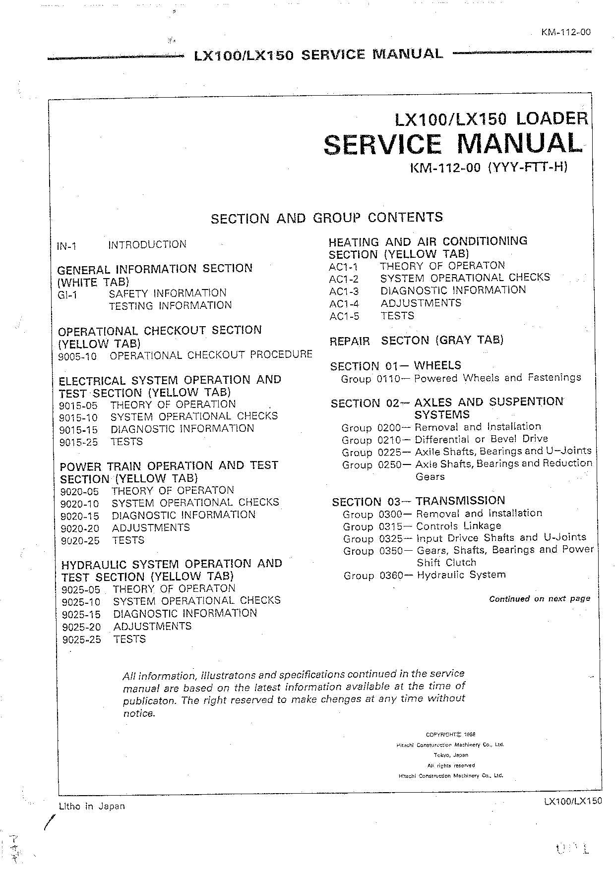 Hitachi LX100 LX150 Wheel Loader Service Manual +Schematics