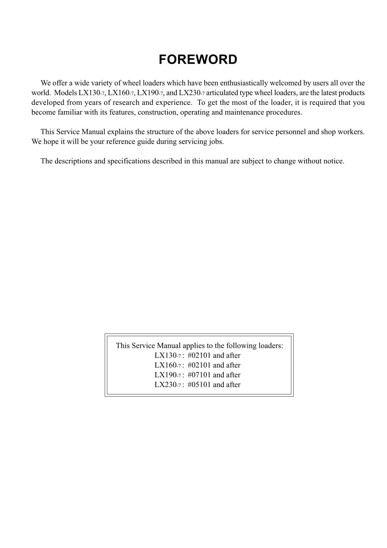 Hitachi LX130-7 LX160-7 LX190-7 LX230-7 Wheel Loader Technical Manual