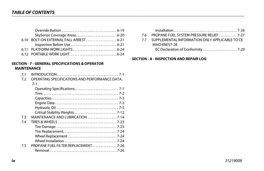 JLG 800AJ Boom Lift Maintenance Operation Operators Manual 31219009
