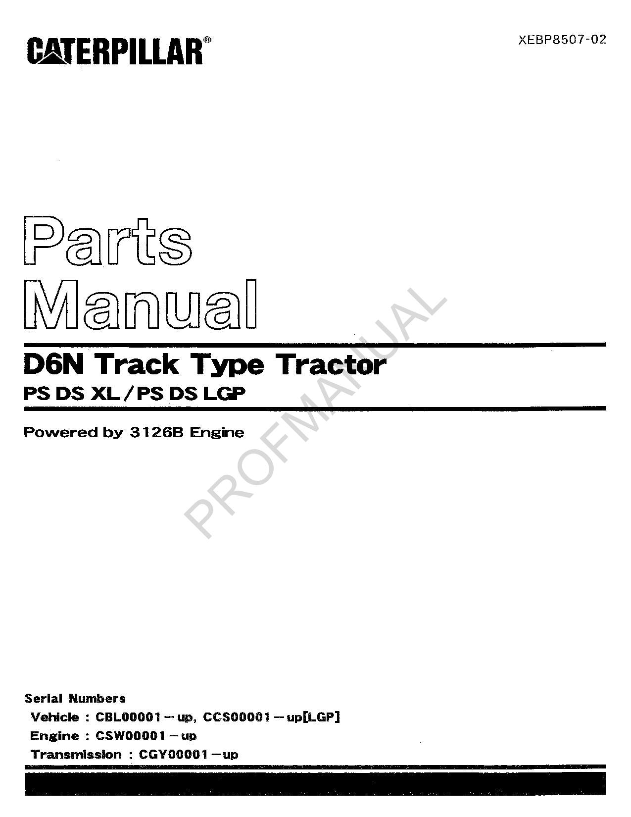 Caterpillar Cat D6N Track Type Tractor Parts Catalog Manual XEBP8507