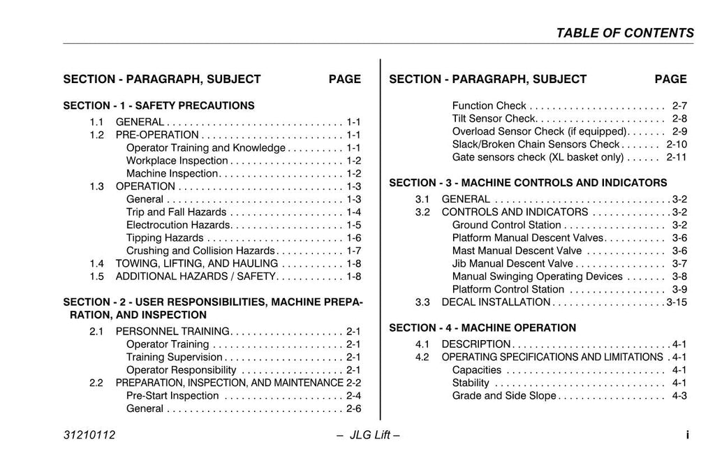 TOUCAN 20E 8E Vertical Lift Maintenance Operation Operators Manual 31210112