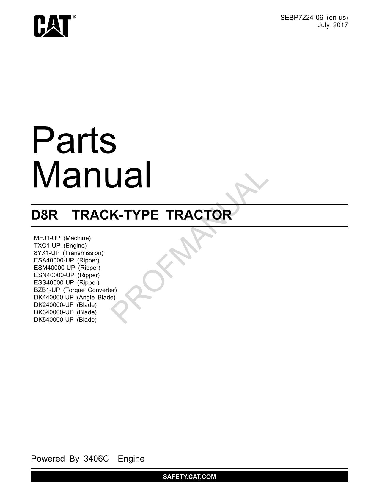 Caterpillar Cat D8R TRACK TYPE TRACTOR Parts Catalog Manual SEBP7224