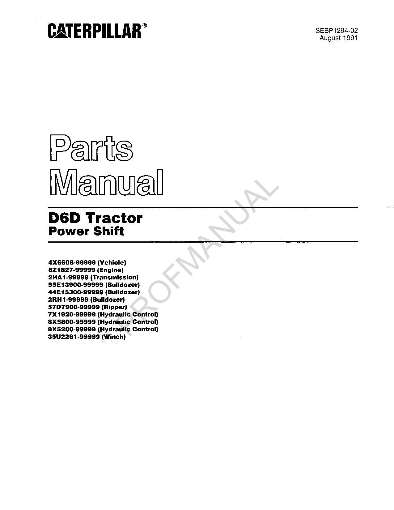 Caterpillar Cat D6D Tractor Power Shift Parts Catalog Manual SEBP1294