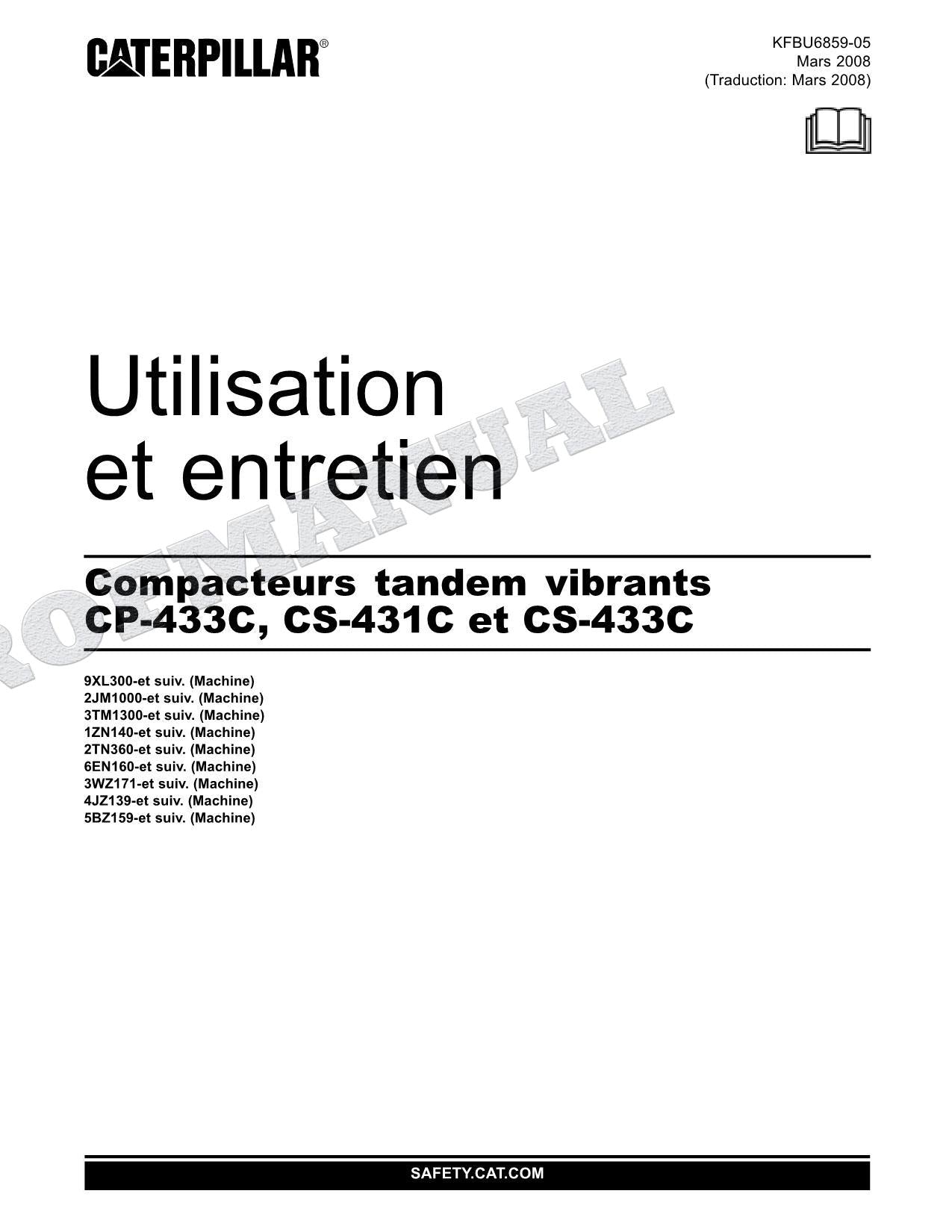 Caterpillar CP 433C CS 431C CS 433C Compacteur Manuel D'Opération Et D'Entretien