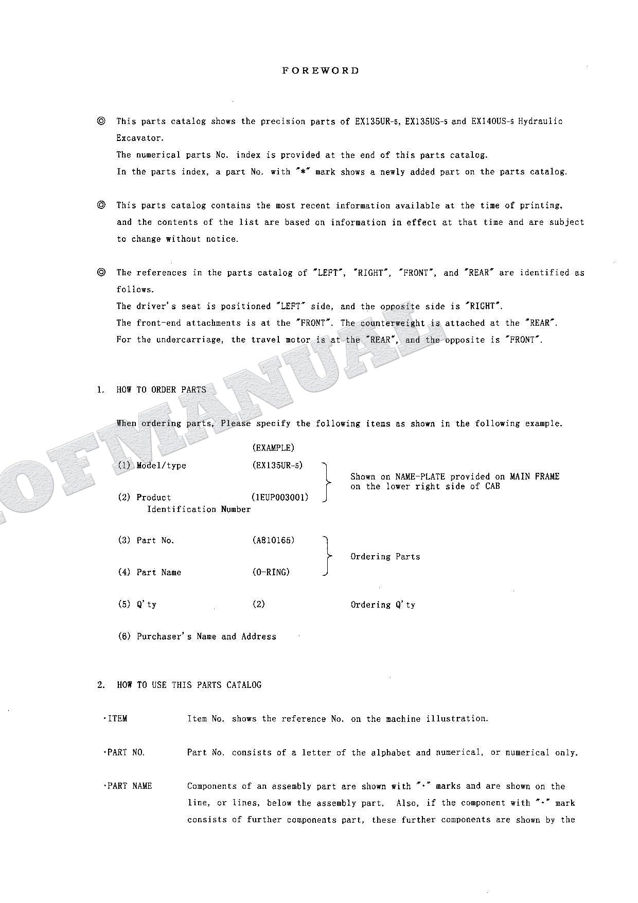 HITACHI EX135UR-5 EX135US-5 EX140US-5 Equip Comp Excavator Parts Catalog Manual