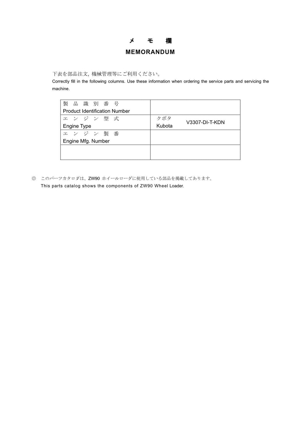 Hitachi ZW90 Wheel Loader Parts Catalog Manual SN 000101-up
