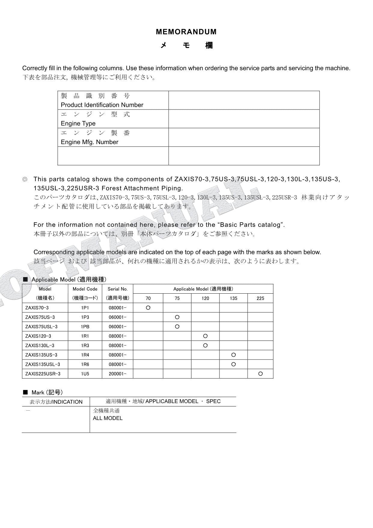 Manual del catálogo de piezas de la excavadora forestal HITACHI ZX70-3 ZX75US-3 ZX75USL-3