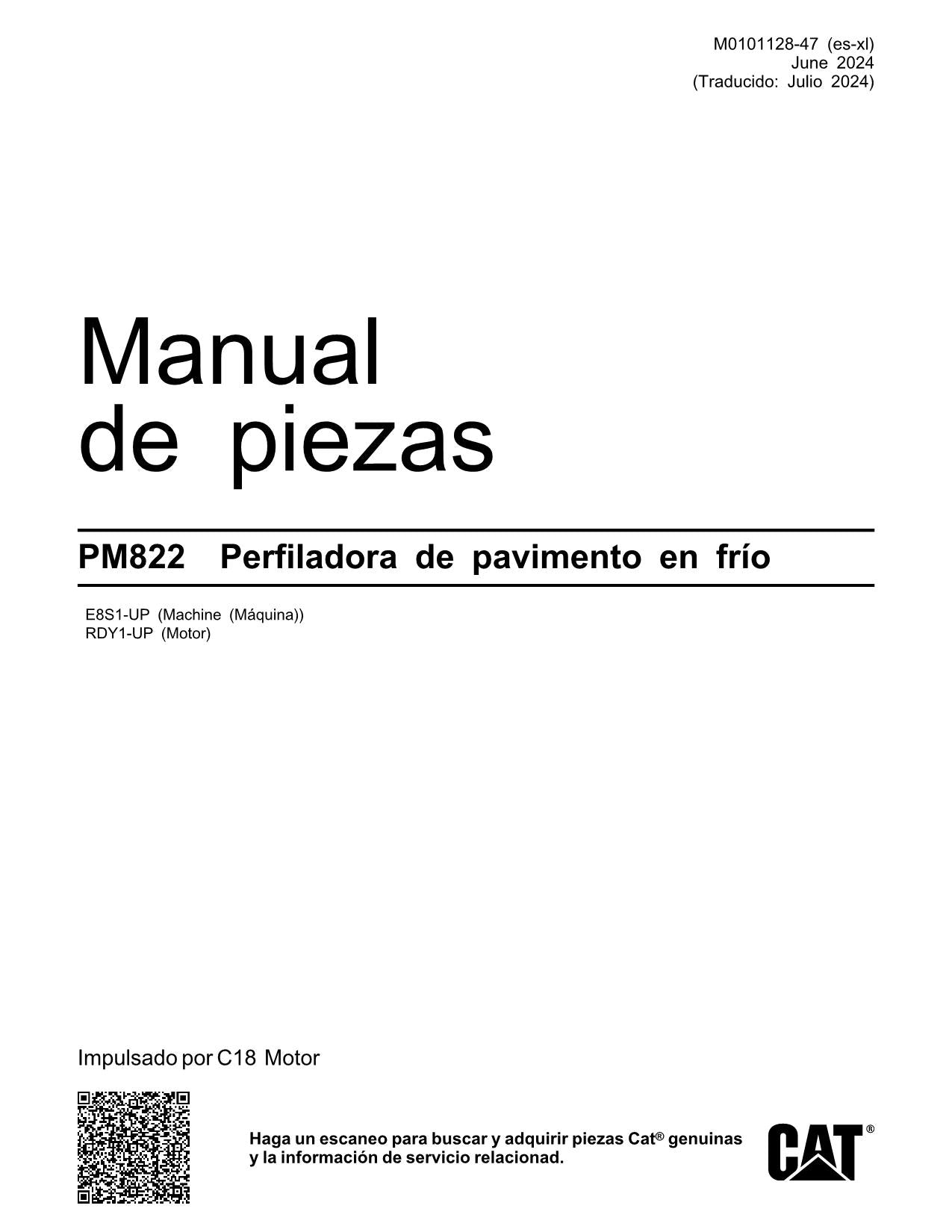 Caterpillar PM822 Perfiladora en frío Manual de piezas E8S1-Up RDY1-Up Español