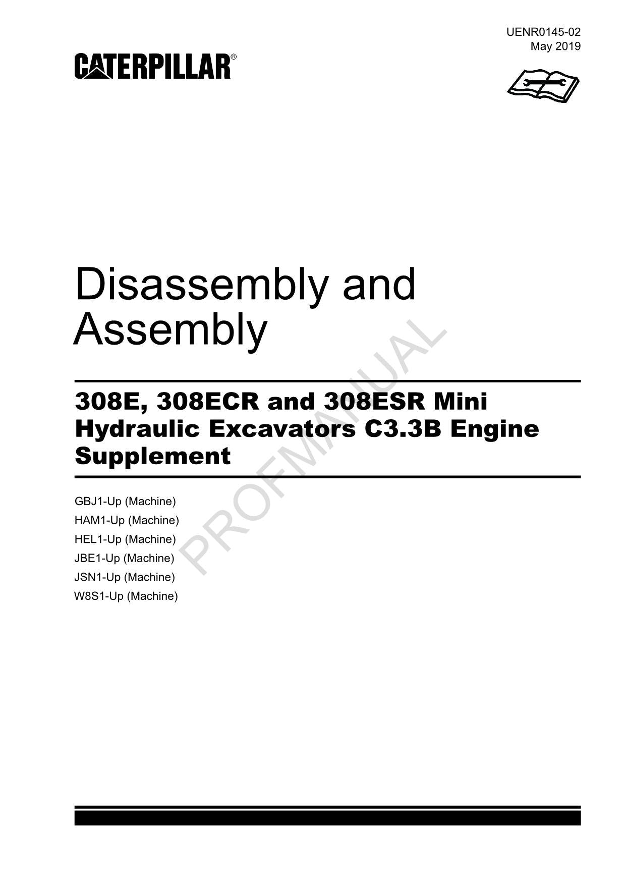 Caterpillar 308ESR Excavator C3.3B Engine Suppl Service Manual Disassem Assem