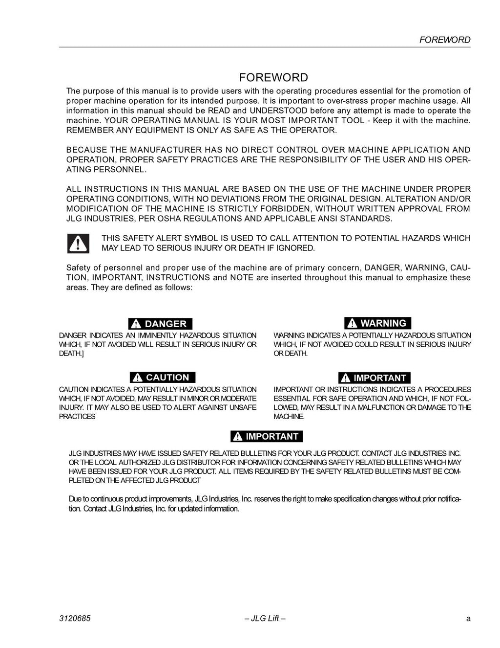 JLG 120HX Boom Lift Maintenance Operation Operators Manual 3120685