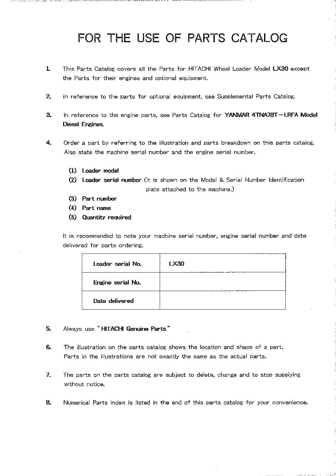 Hitachi LX30 Wheel Loader Parts Catalog Manual SN 1521-up