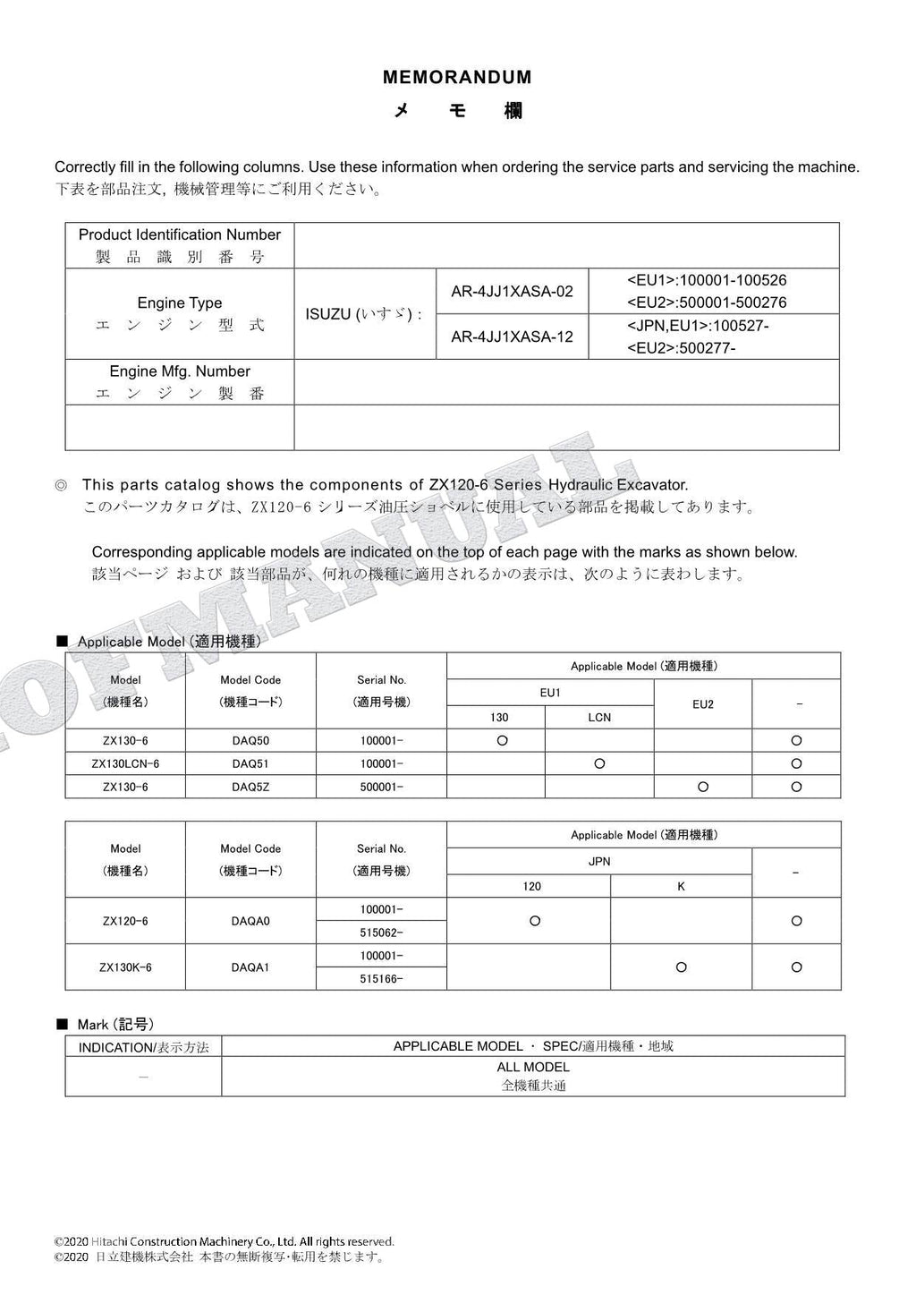 HITACHI ZAXIS ZX120-6 Series Excavator Parts Catalog Manual