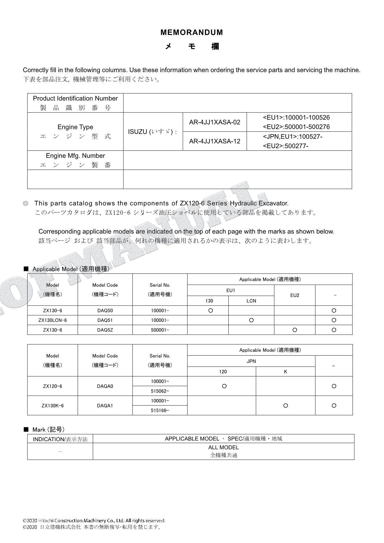 HITACHI ZAXIS ZX120-6 Series Excavator Parts Catalog Manual