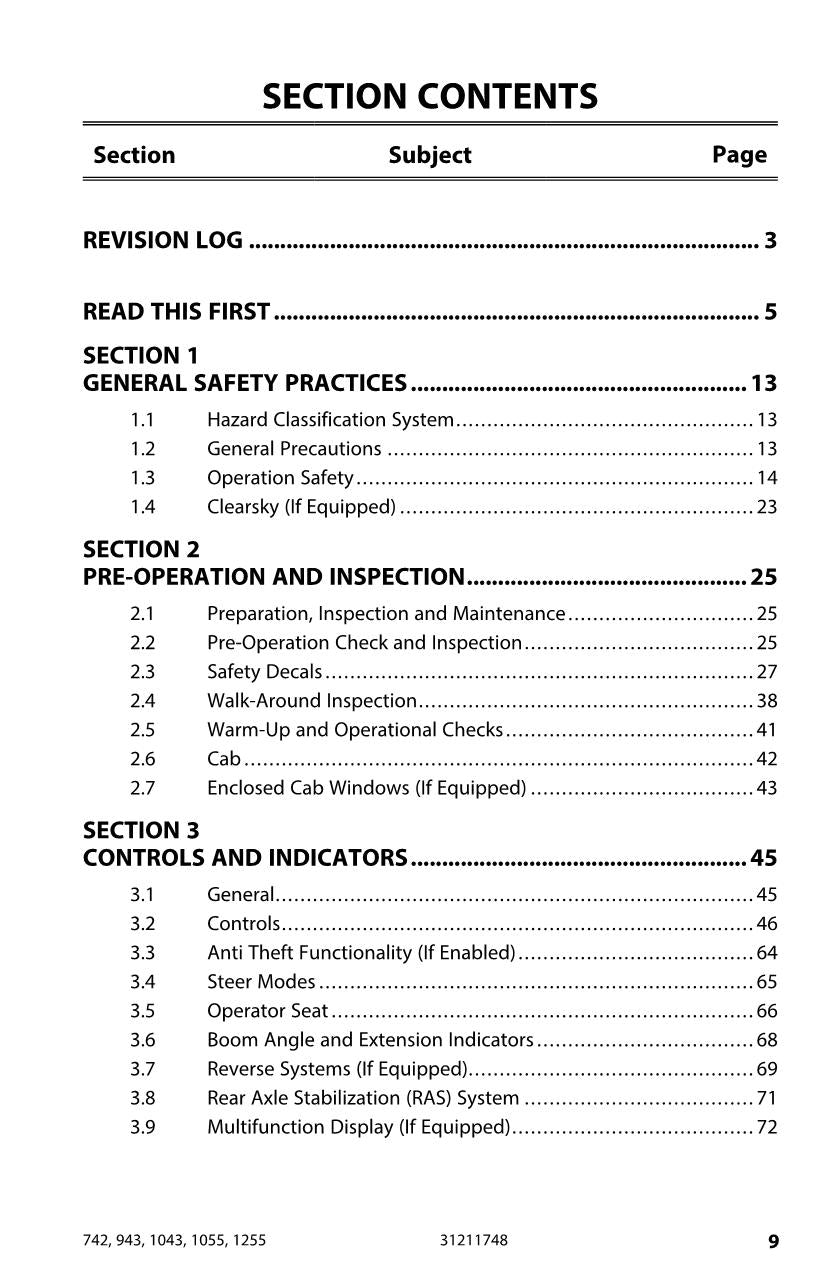 JLG 1043 1055 1255 742 943 Telehandler Maintenance Operators Manual 31211748