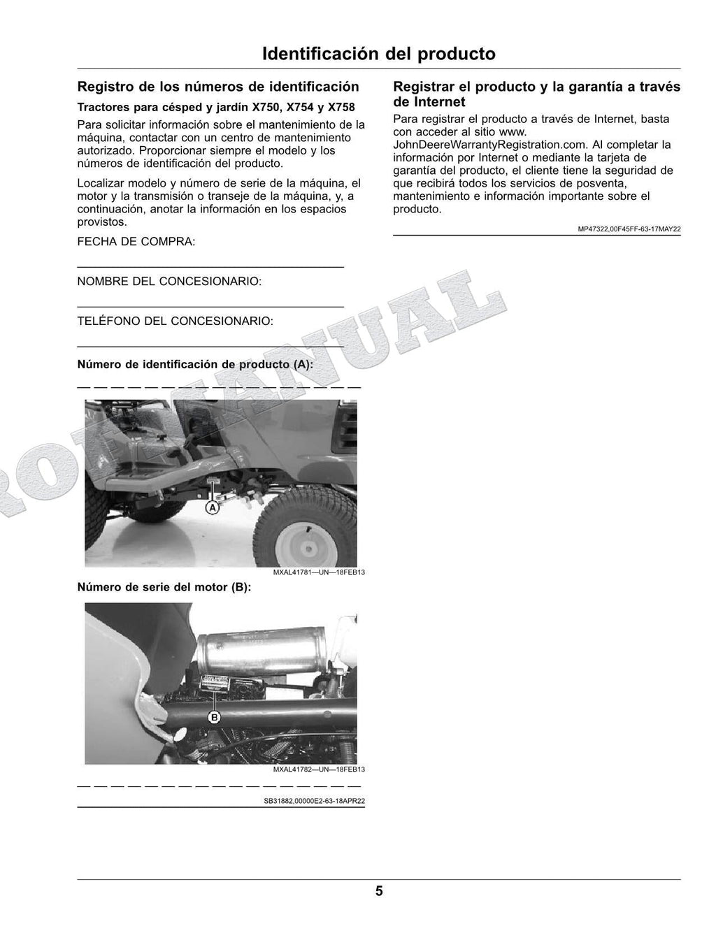 John Deere X750 X754 X758 Tractor Manual del Operador Español SN 110001-