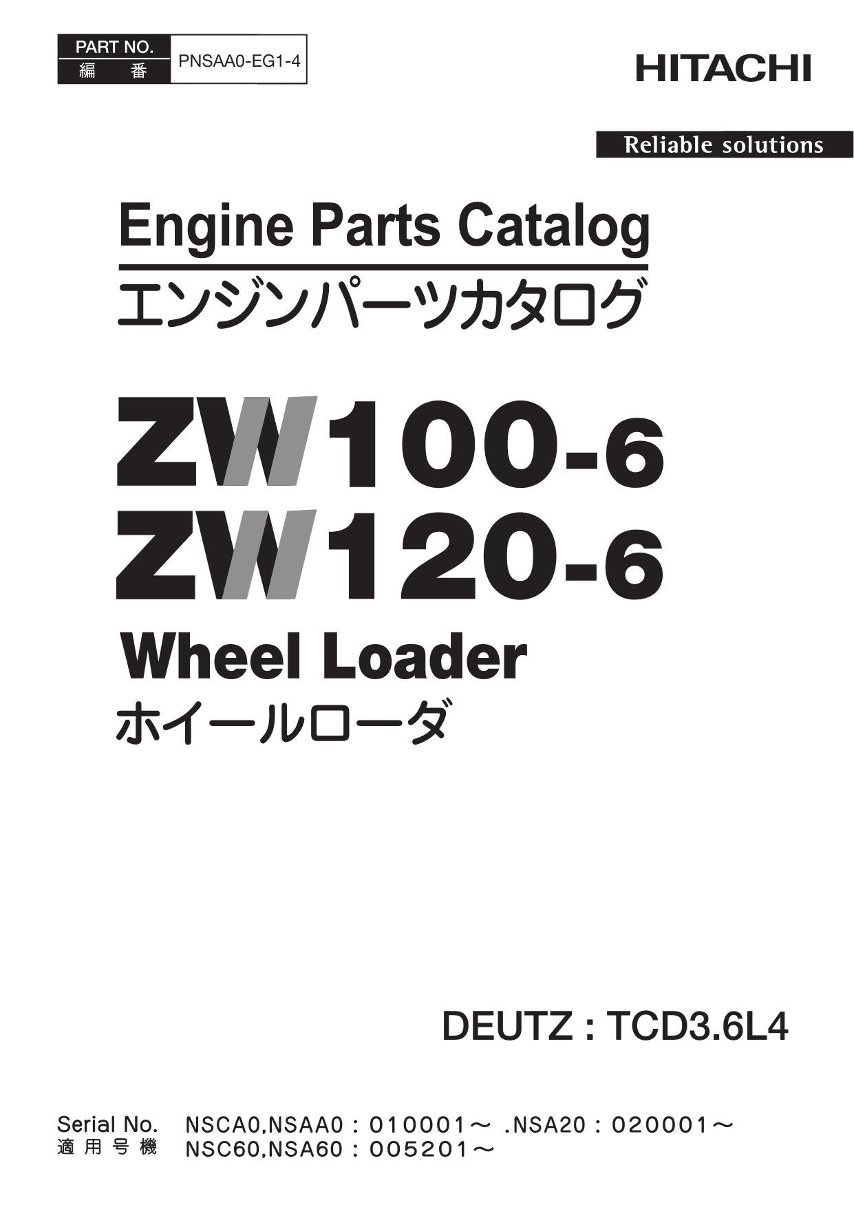 Hitachi ZW100-6 ZW120-6 DEUTZ TCD3.6L4 Engine Wheel Loader Parts Catalog Manual