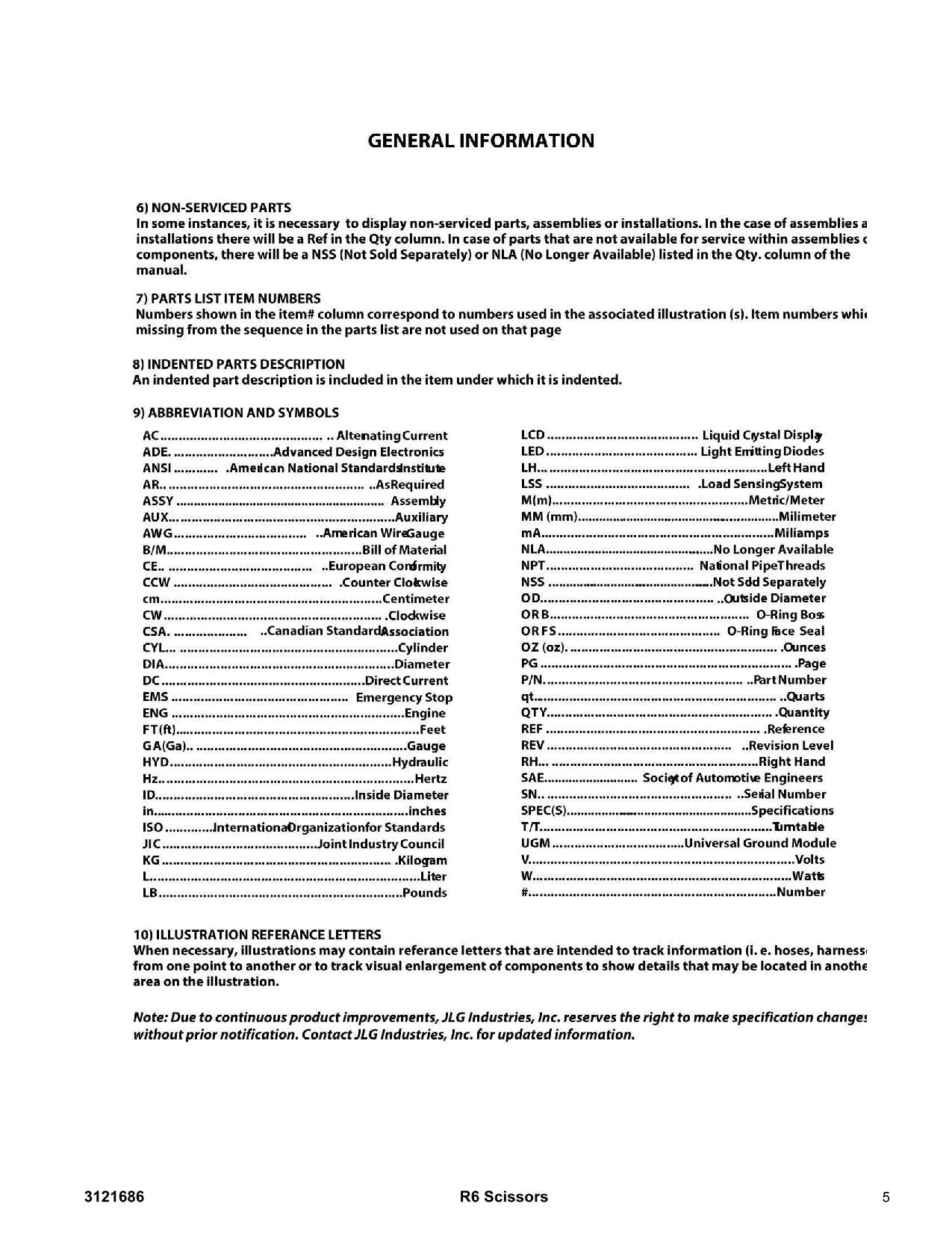 JLG R6 Scissor Lift Parts Catalog Manual