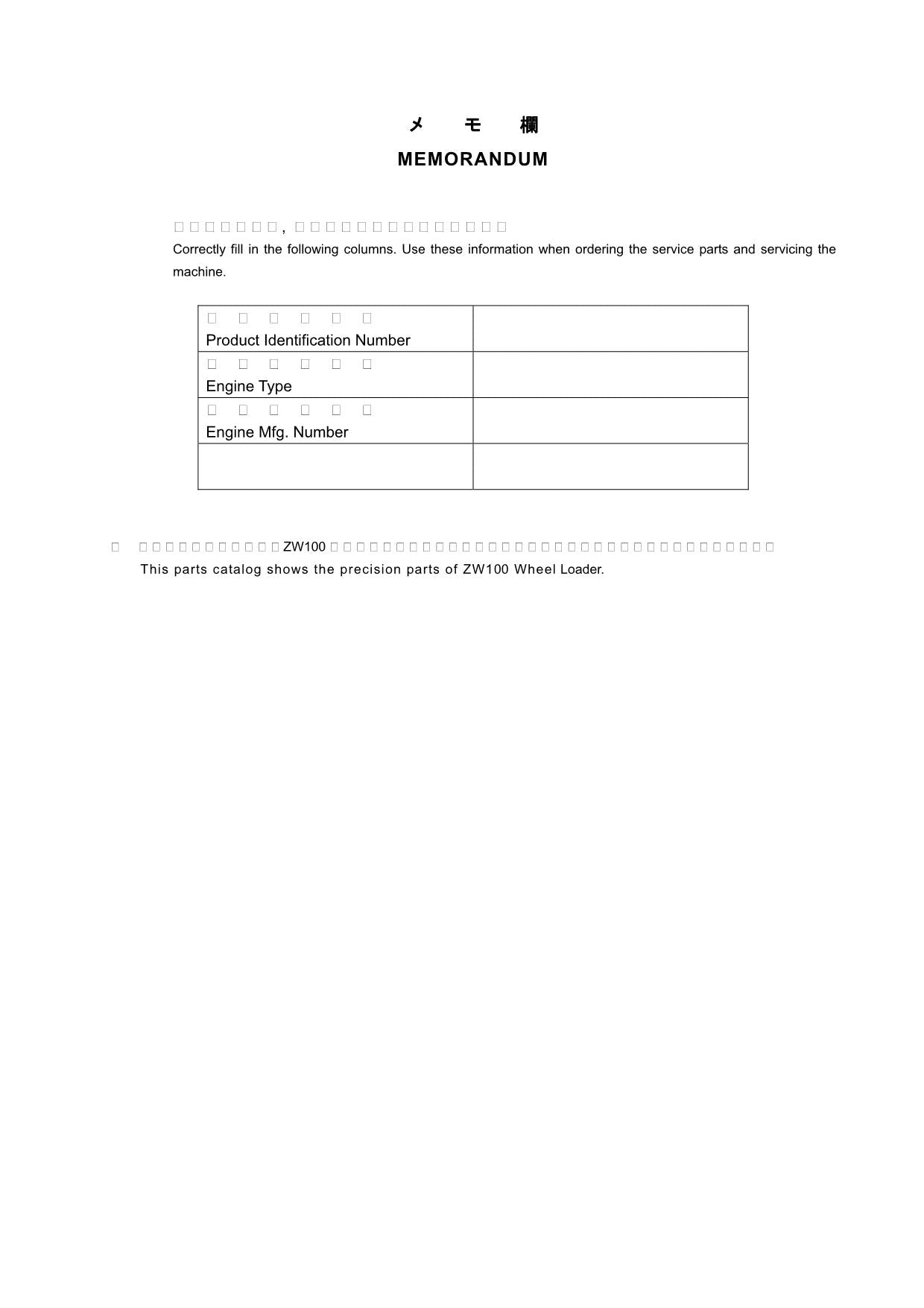 Hitachi ZW100 Wheel Loader Equip Component Parts Catalog Manual SN 000103-up