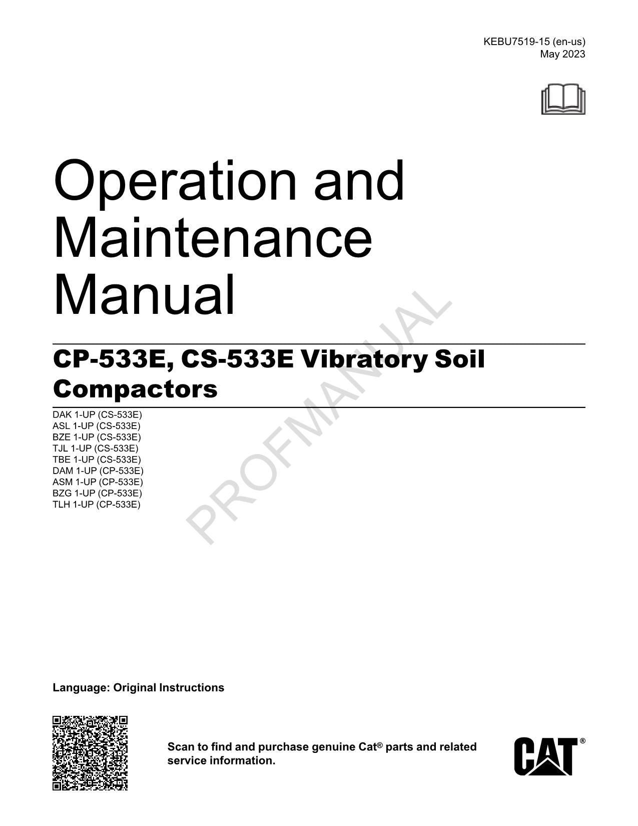 Manual de mantenimiento del operador del compactador vibratorio Caterpillar CP 533E CS 533E
