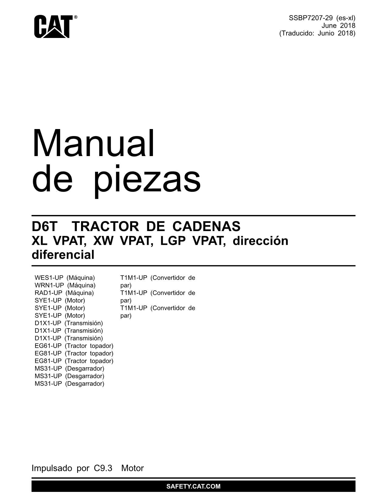 Caterpillar D6T XL VPAT XW VPAT LGP VPAT Tractor Manual de piezas Español
