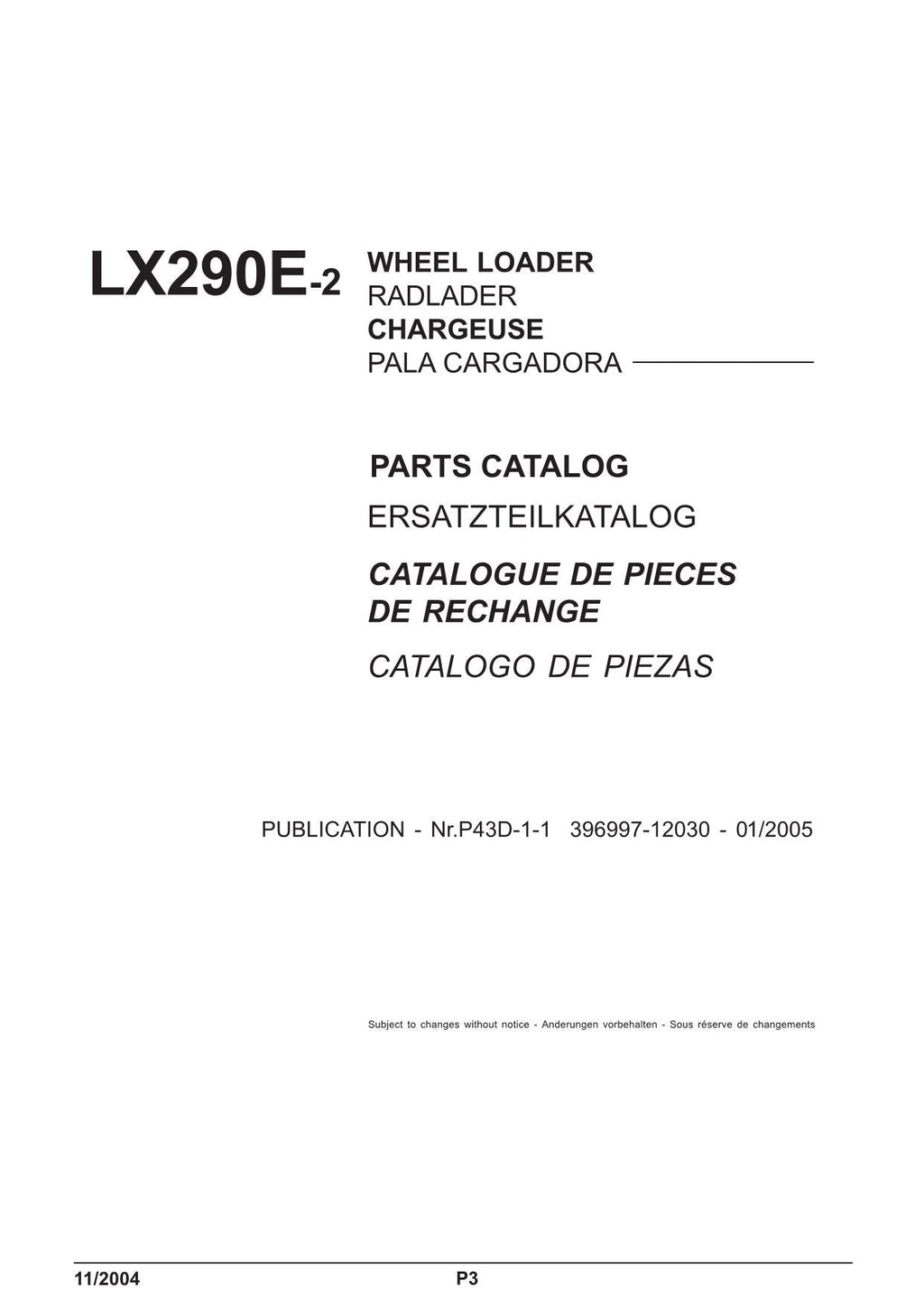 Hitachi LX290E-2 Wheel Loader Parts Catalog Manual SN 382F1500-up