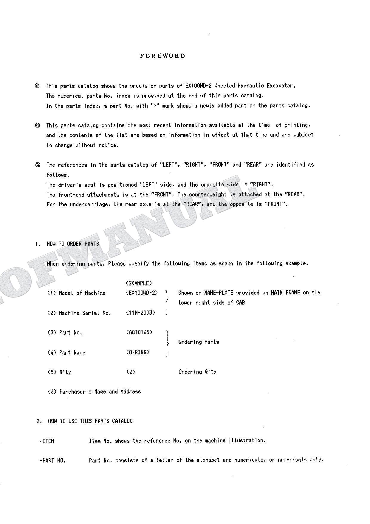 HITACHI EX100WD-2 Equipment Component Excavator Parts Catalog Manual