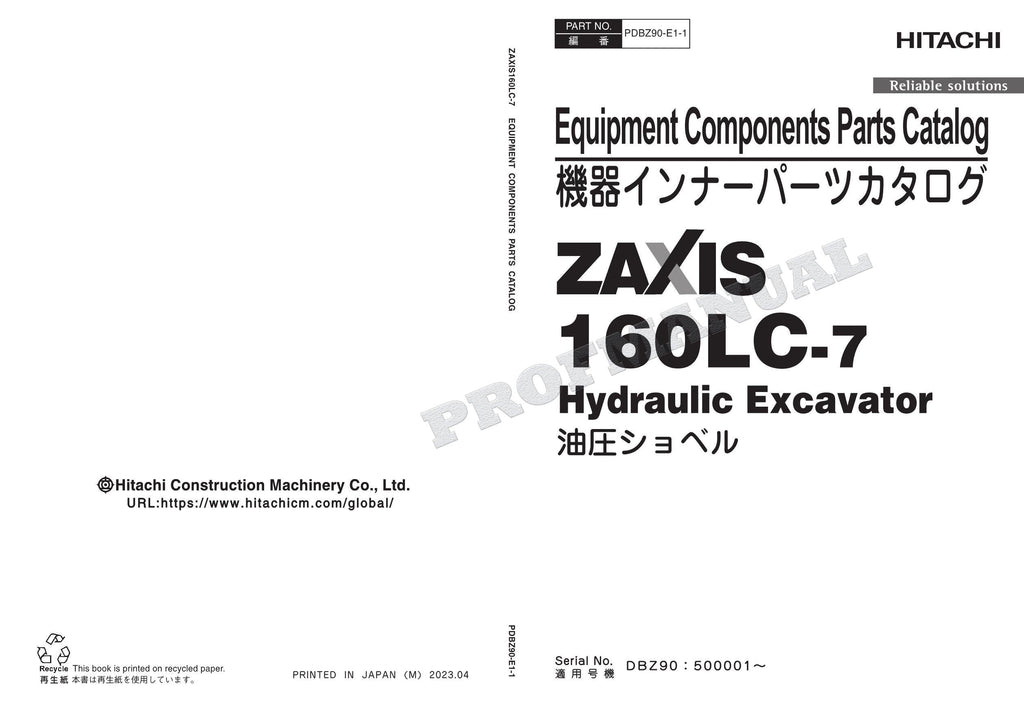 Catálogo de piezas de excavadoras HITACHI ZX160LC-7 TURQUÍA Especificaciones Equipo Componente Manual