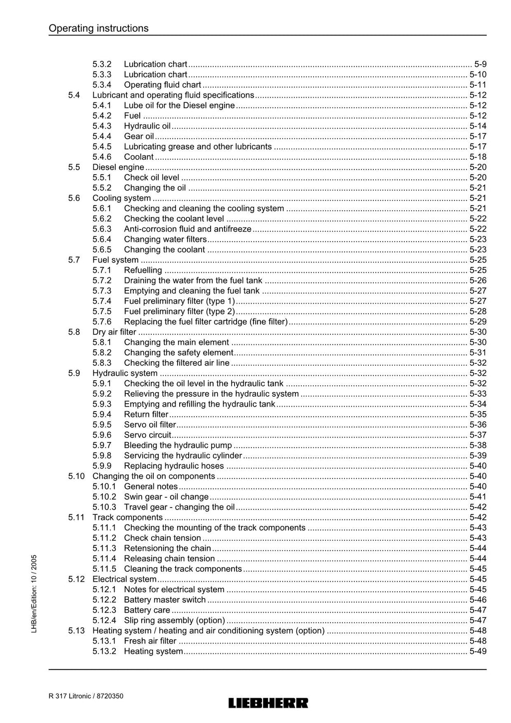 Liebherr R317 Litronic Excavator Operators manual serial 27000