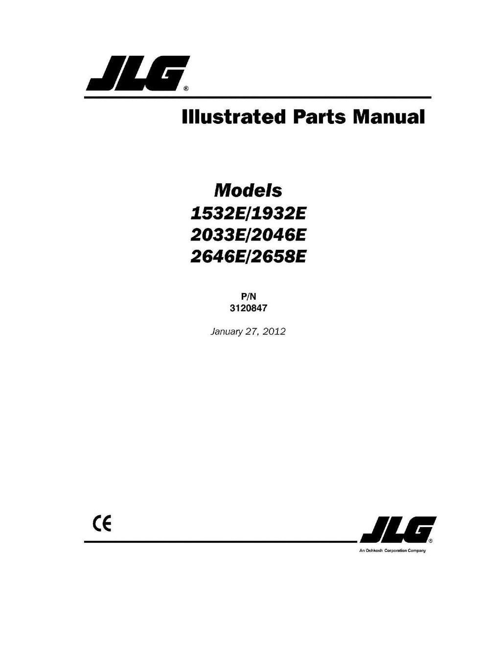 JLG 1532E 1932E 2033E 2046E 2646E 2658E Scissor Lift Parts Catalog Manual