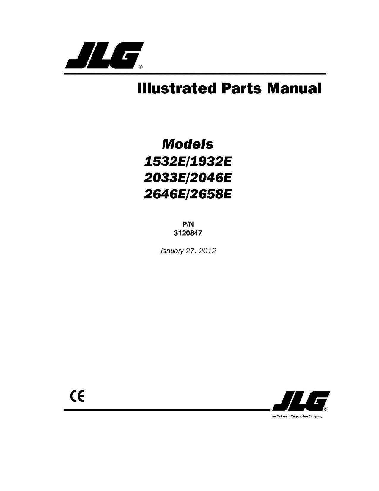 JLG 1532E 1932E 2033E 2046E 2646E 2658E Scissor Lift Parts Catalog Manual