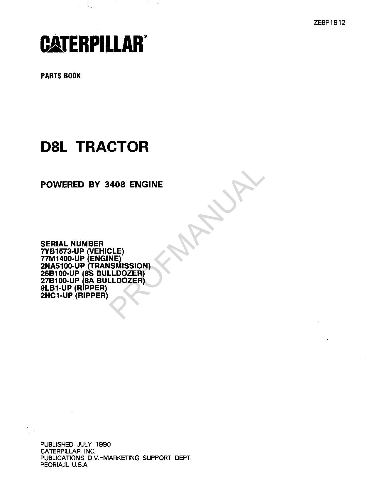 Caterpillar Cat D8L Tractor Parts Catalog Manual ZEBP1912