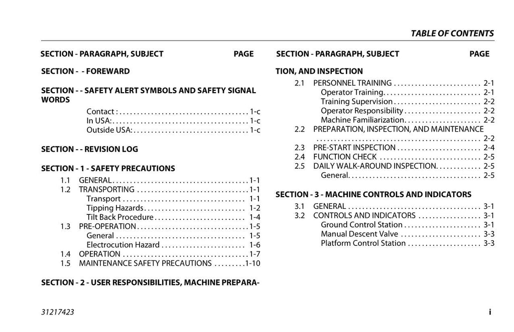 JLG 25AM 30AM 38AM Vertical Mast Maintenance Operation Operators Manual 31217423