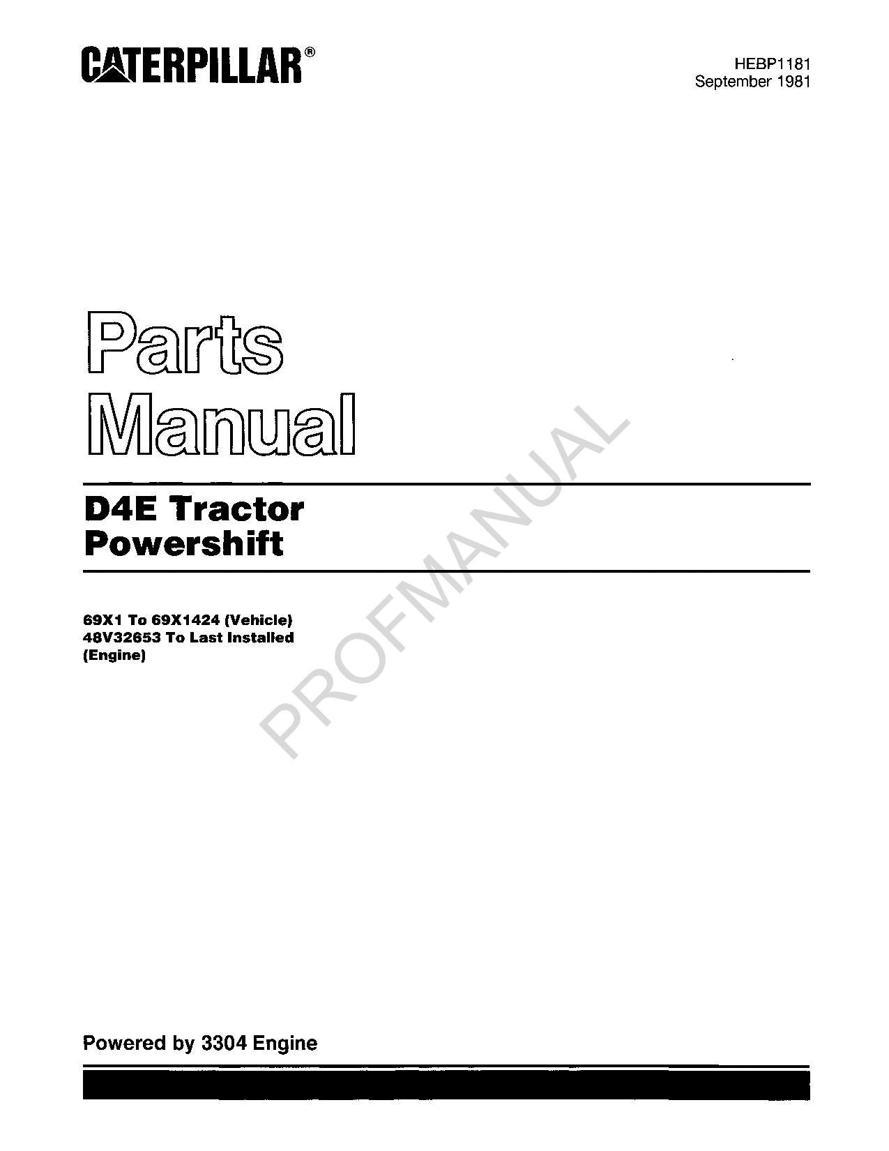 Caterpillar Cat D4E Tractor Powershift Parts Catalog Manual HEBP1181