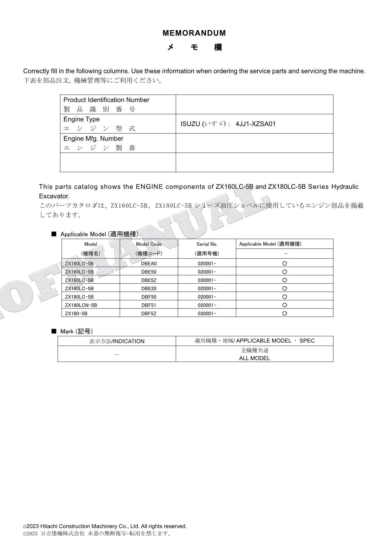 HITACHI ZX160LC-5B ZX180LC-5B Series ISUZU Engine Engine Parts Catalog Manual