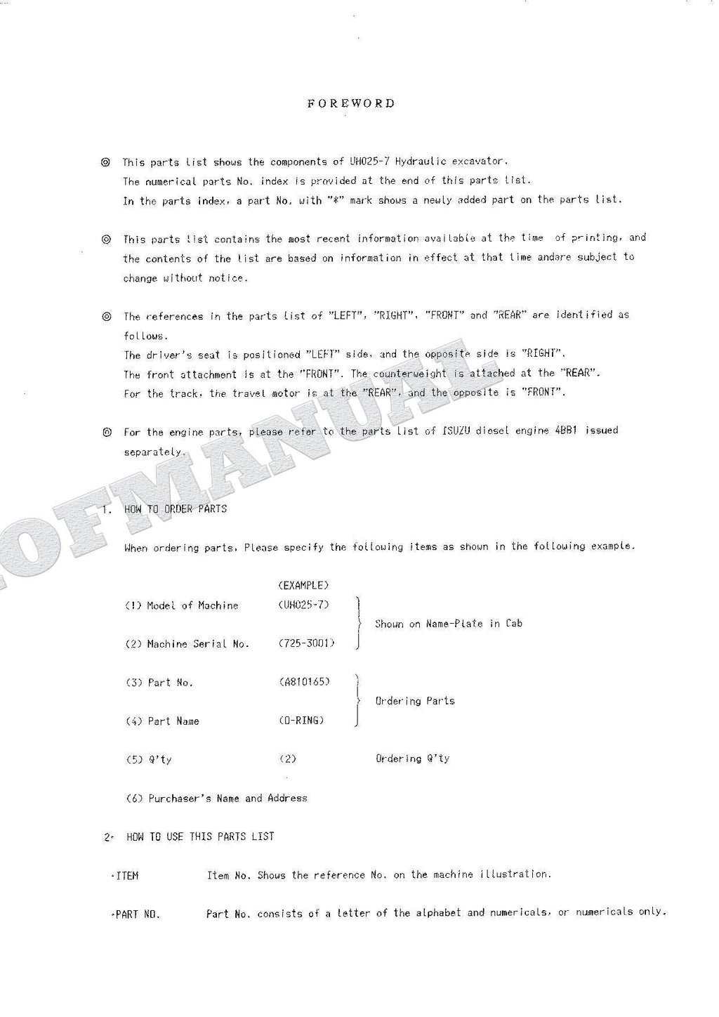 HITACHI UH025-7 Excavator Parts Catalog Manual SN 3001-