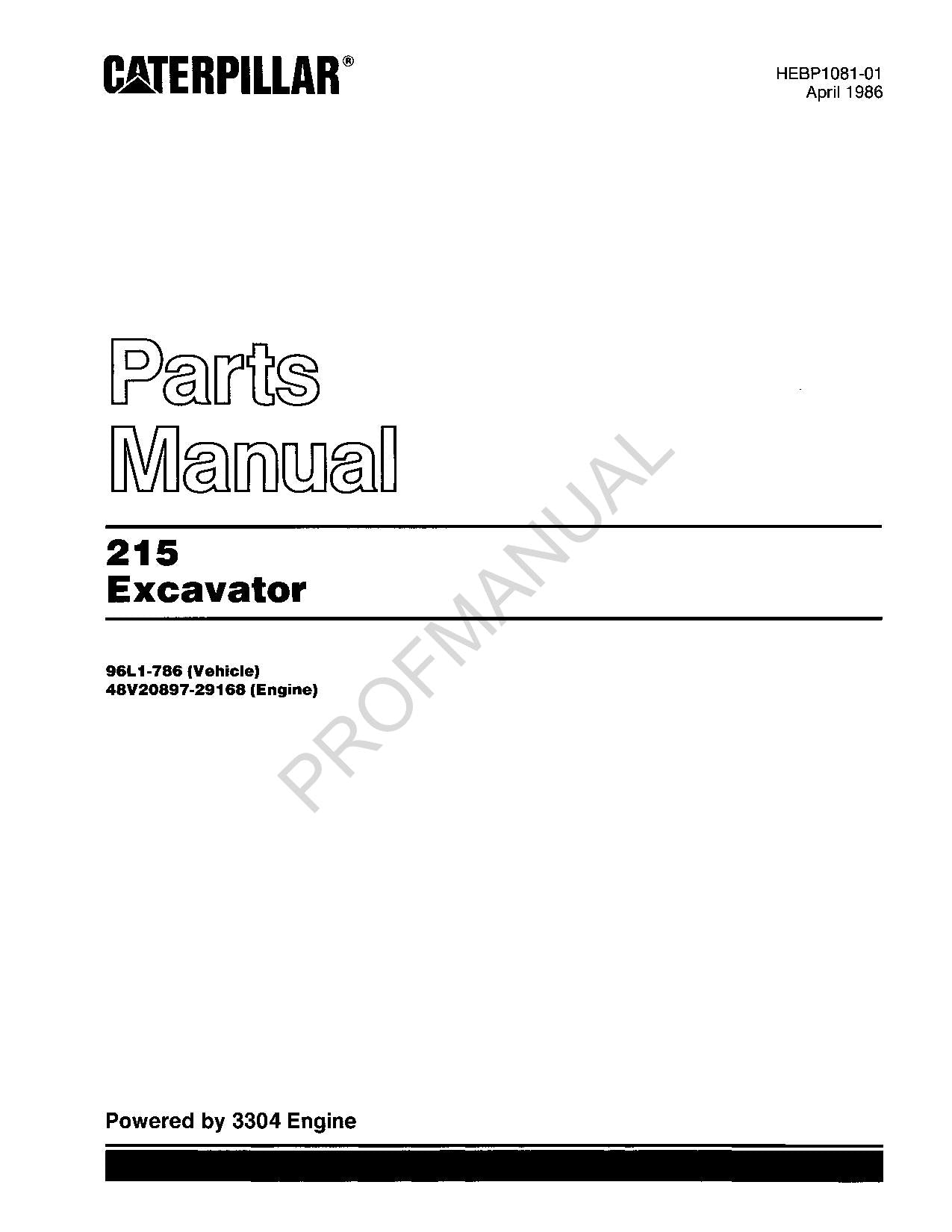 Caterpillar Cat 215 Excavator Parts Catalog Manual ser 96L1-786 48V20897-29168