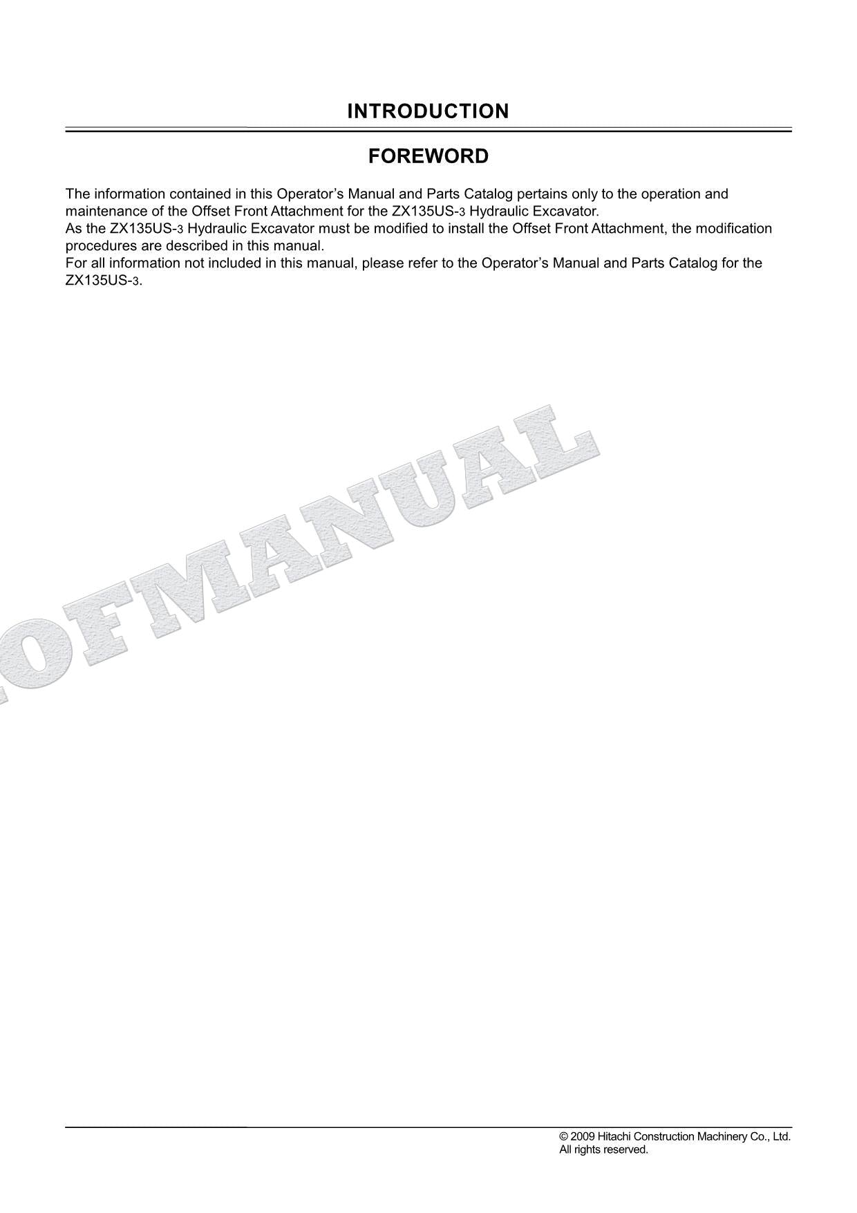 HITACHI ZAXIS ZX135US-3 Offset Front Attachment Excavator Parts Catalog Manual