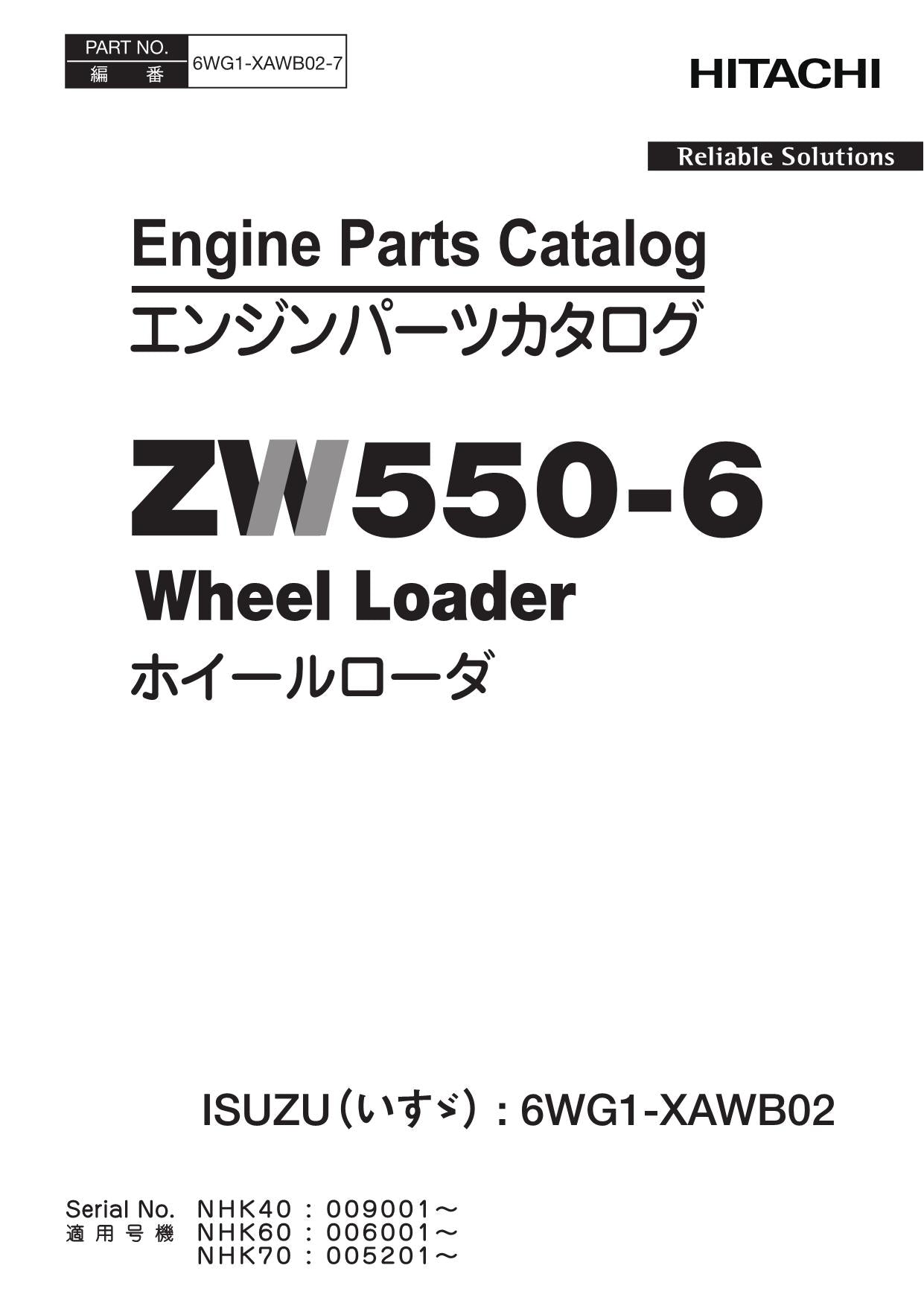 Hitachi ZW550-6 ISUZU 6WG1-XAWB02 Engine Wheel Loader Parts Catalog Manual