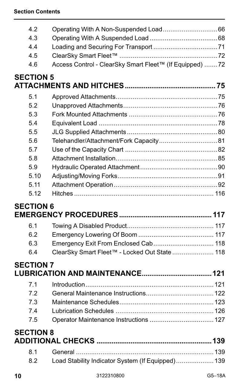 Manual del operador de mantenimiento y operación del manipulador telescópico JLG G5-18A 3122310800