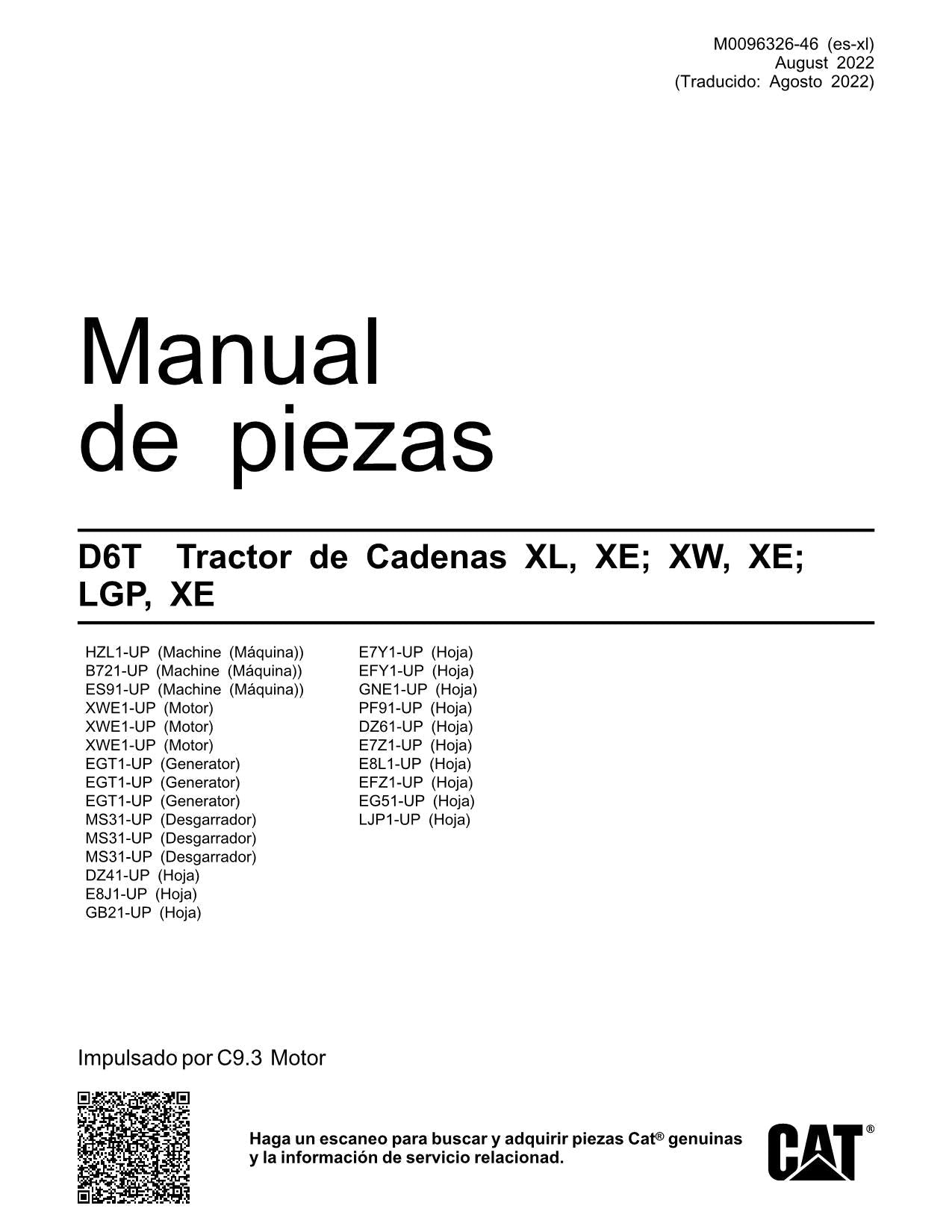 Caterpillar D6T XL XE XW XE LGP XE Tractor de Cadenas Manual de piezas Español