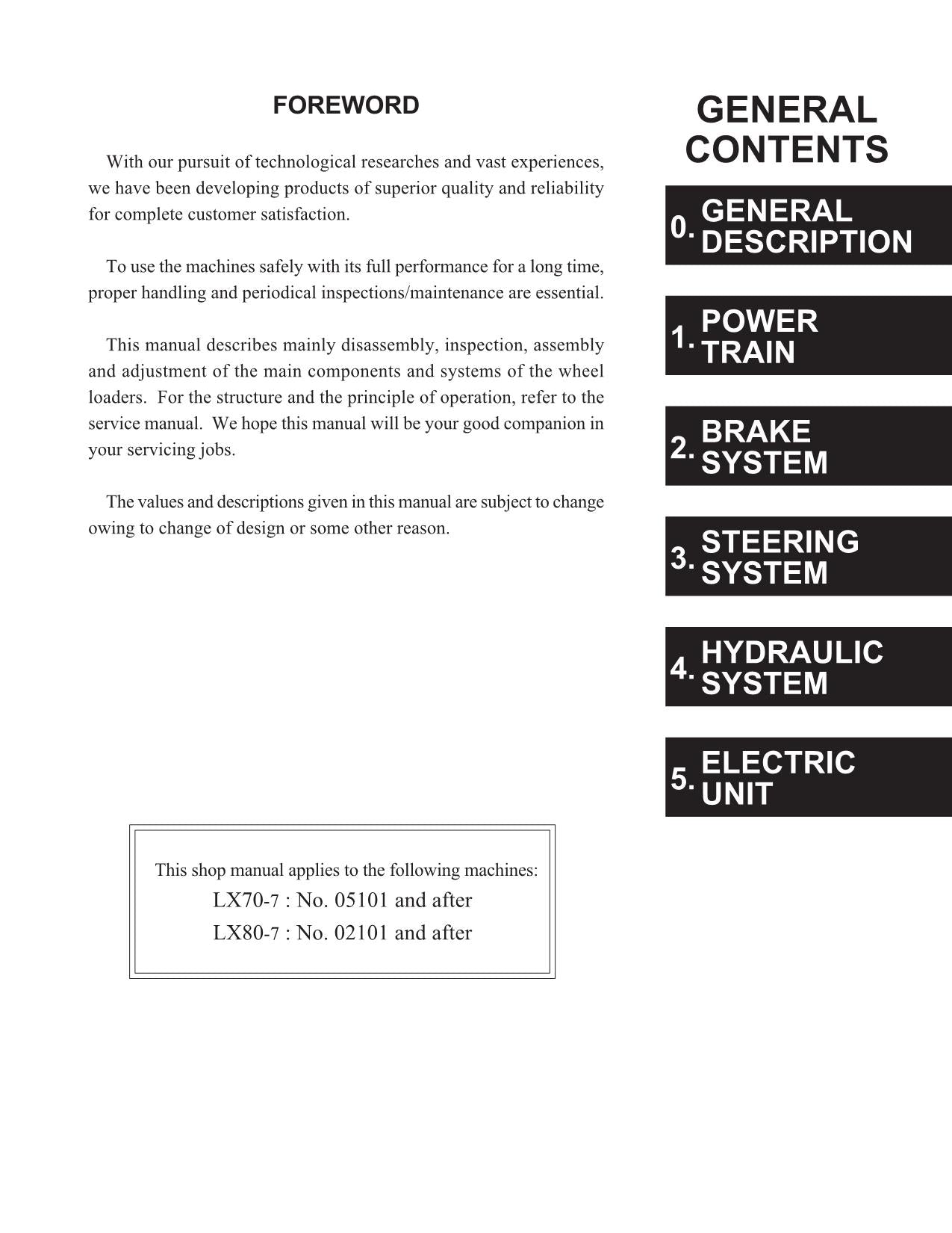 Hitachi LX70-7 LX80-7 Wheel Loader Workshop Manual SN 05101-up 02101-up