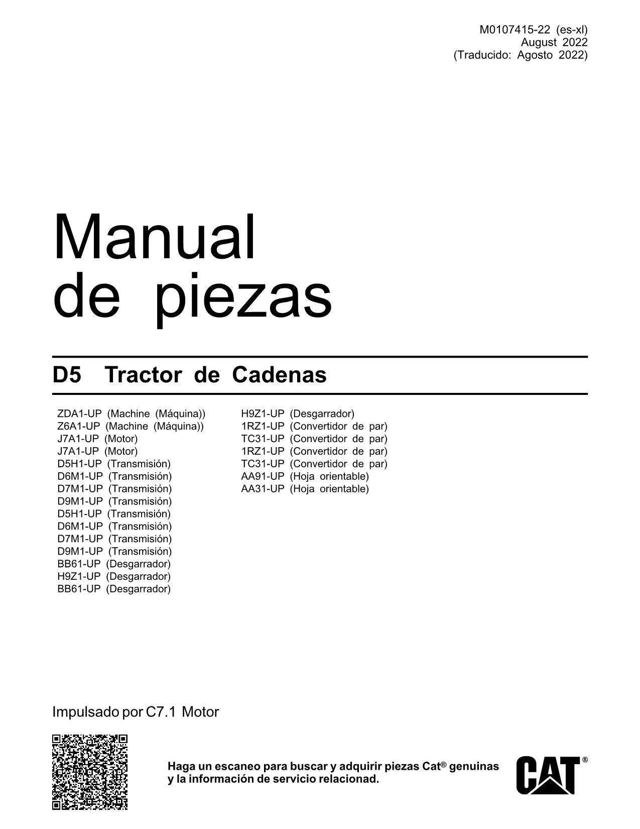 Caterpillar D5 Tractor de Cadenas Manual de piezas M0107415ES-XL Español