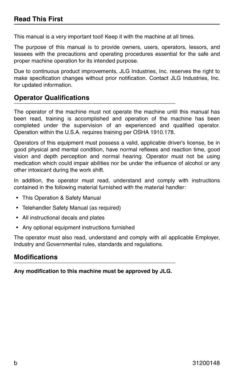 Manual del operador de mantenimiento y operación del manipulador telescópico JLG G6-42P