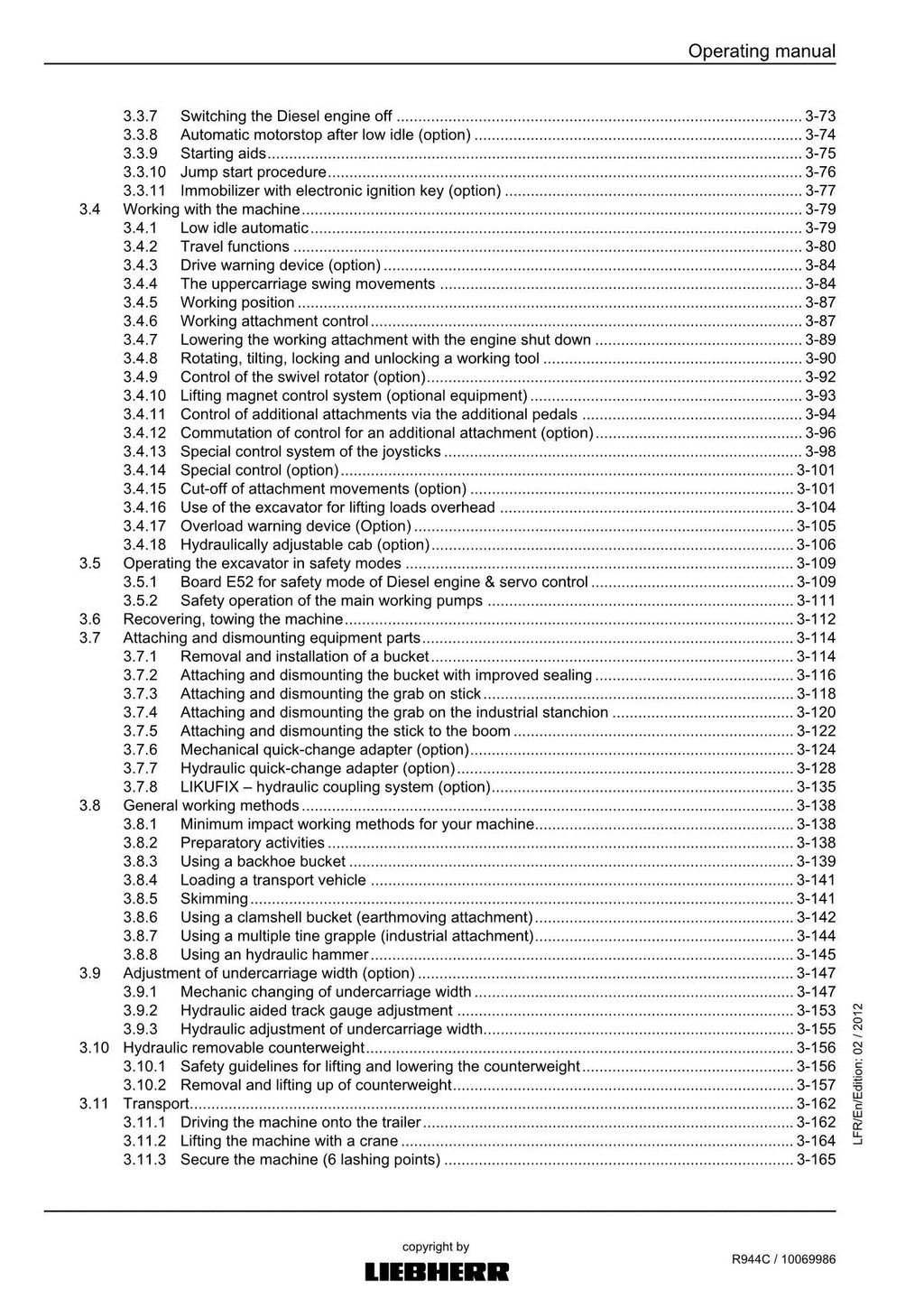 Liebherr R944 C Excavator Operators manual serial 31021