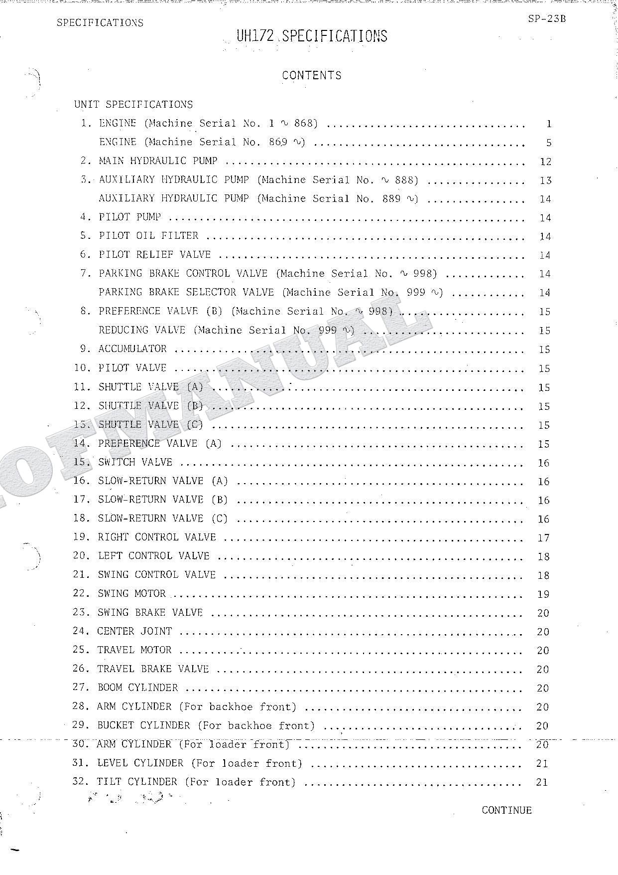 HITACHI UH172 Excavator Repair Service Manual Specification